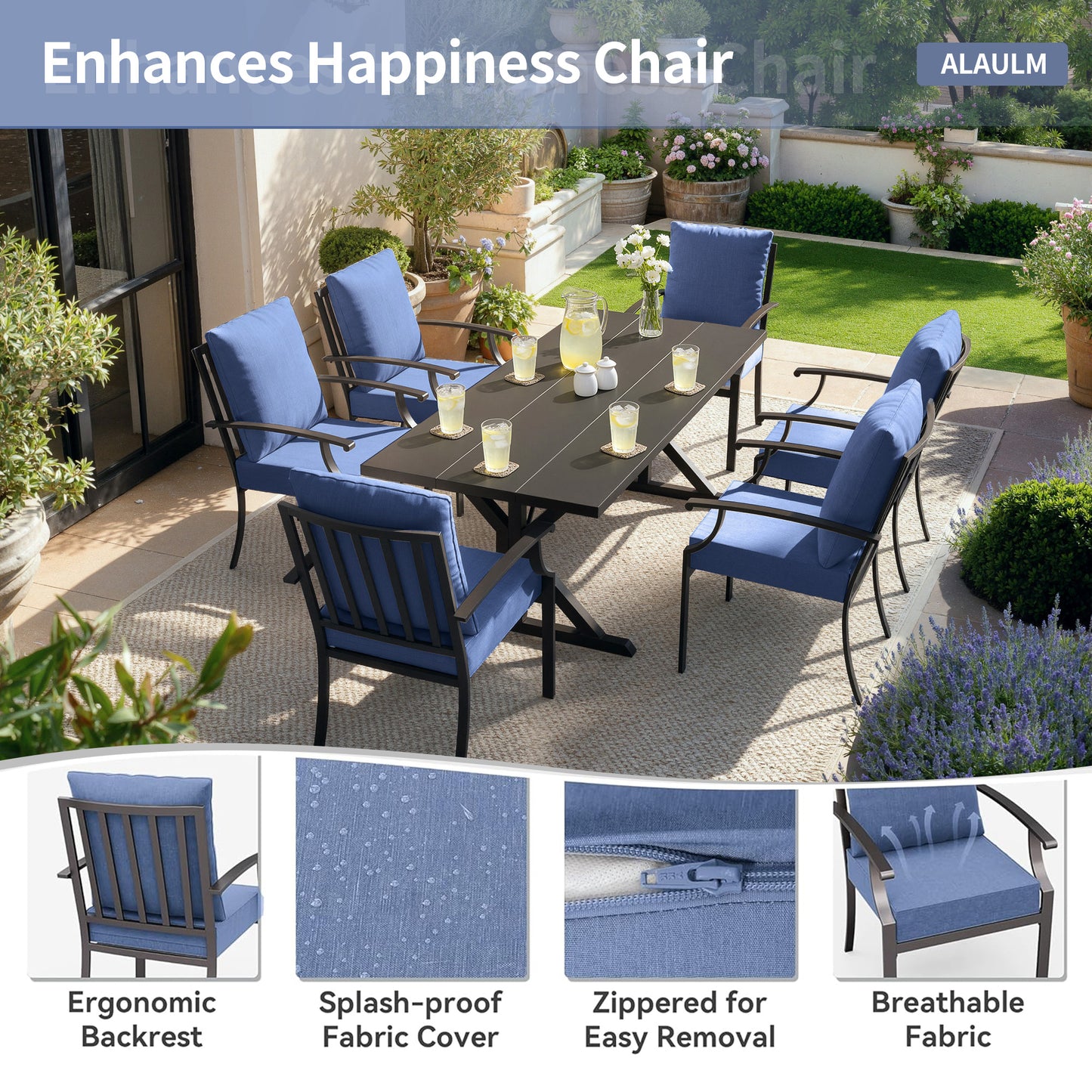ALAULM 7PCS Patio Dining Set,Outdoor Metal Patio Furniture Set w/6 Fixed Chairs & Large Metal Table w/Umbrella Cutout for Garden,Backyard