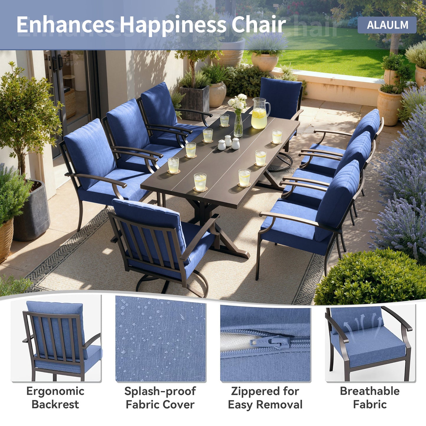ALAULM 9 Pieces Patio Dining Set Outdoor Furniture with 2 Swivel Chairs and 6 Fixed Chairs, Large Table with Umbrella Cutout for Backyard
