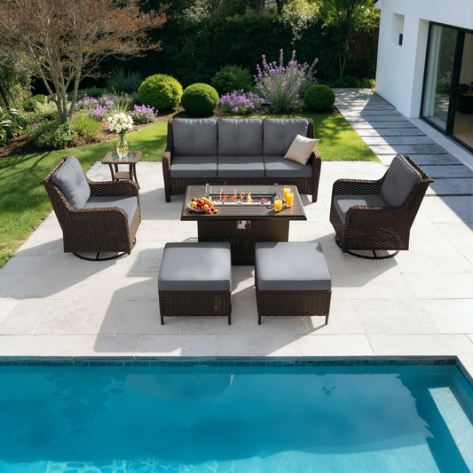 Gotland 7-Piece Outdoor Patio Furniture Set, 3-Seat Sofa, 2 Wicker Swivel Chairs, coffee Table, 2 Ottomans & Wicker Fire Pit Table, All-Weather Outdoor Set