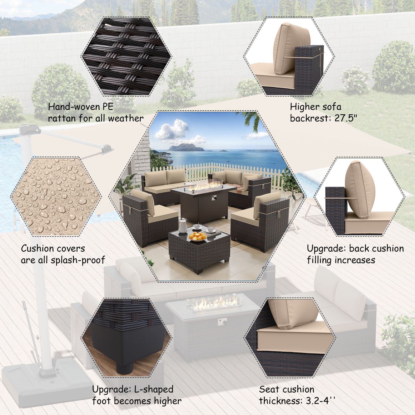 ALAULM 8 Pcs Patio Furniture Set withStainless Steel Gas Fire Pit Table, Brown/Blue