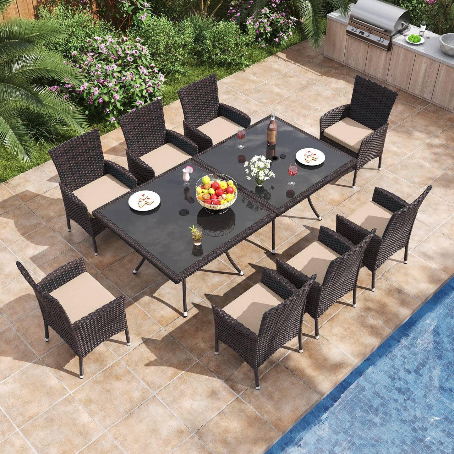 10-Piece Patio Dining Set | Wicker Furniture with Tempered Glass