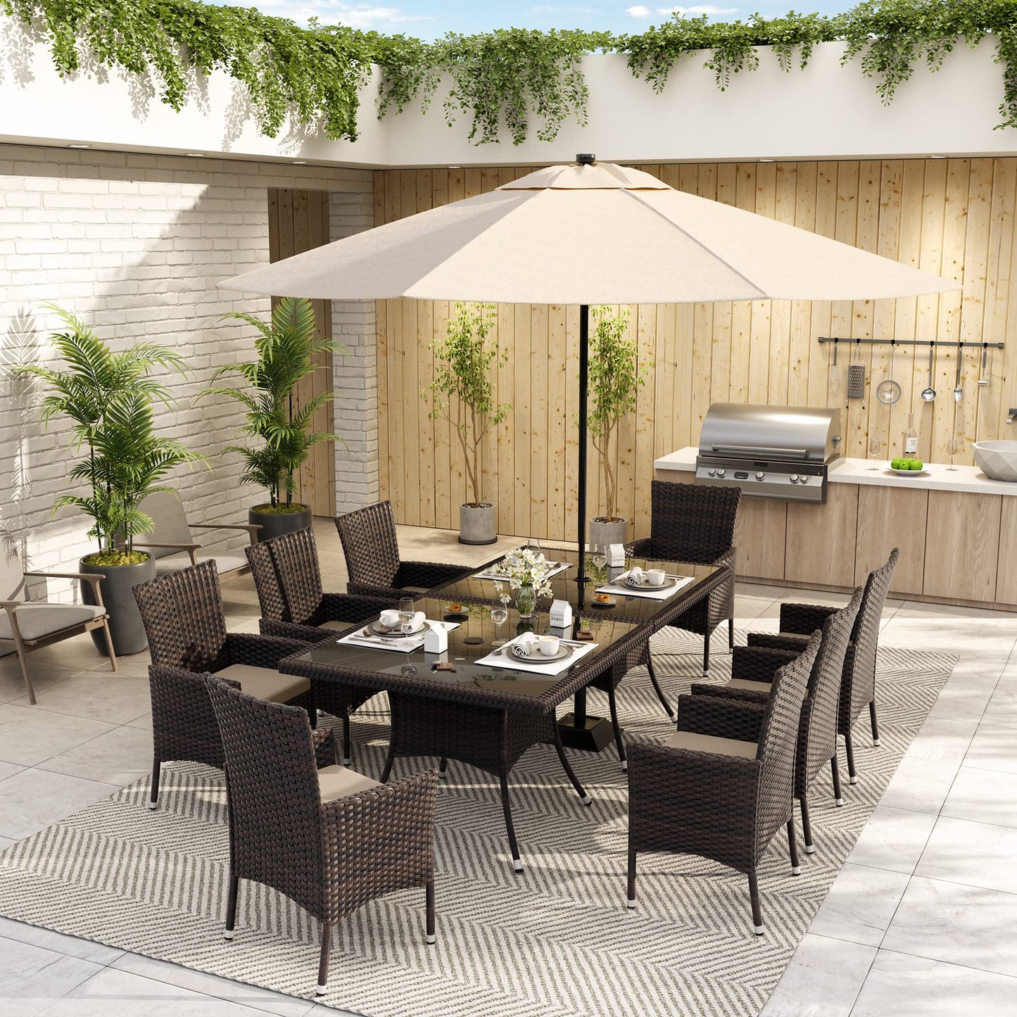 10-Piece Patio Dining Set | Wicker Furniture with Tempered Glass