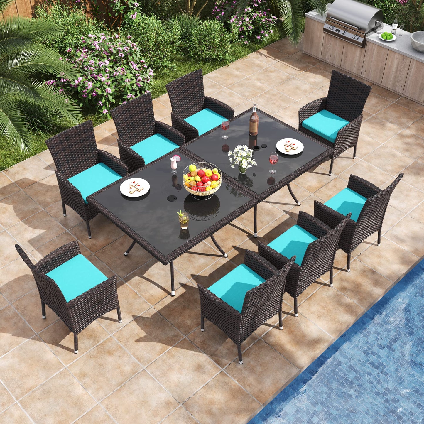 10-Piece Patio Dining Set | Wicker Furniture with Tempered Glass