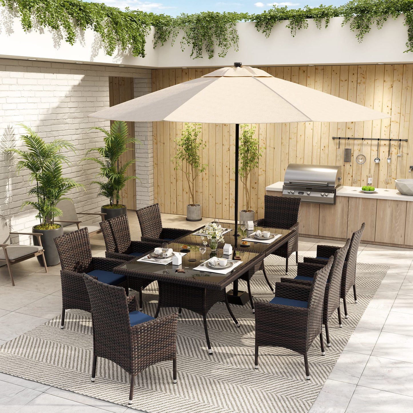 10-Piece Patio Dining Set | Wicker Furniture with Tempered Glass