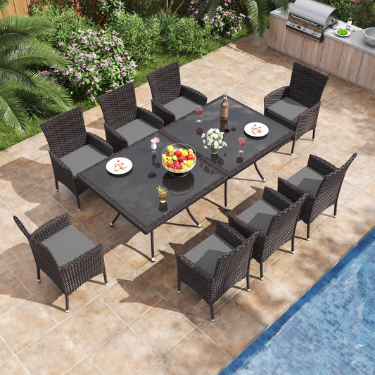 10-Piece Patio Dining Set | Wicker Furniture with Tempered Glass