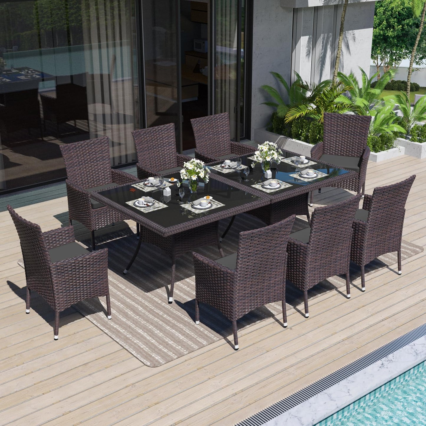10-Piece Patio Dining Set | Wicker Furniture with Tempered Glass