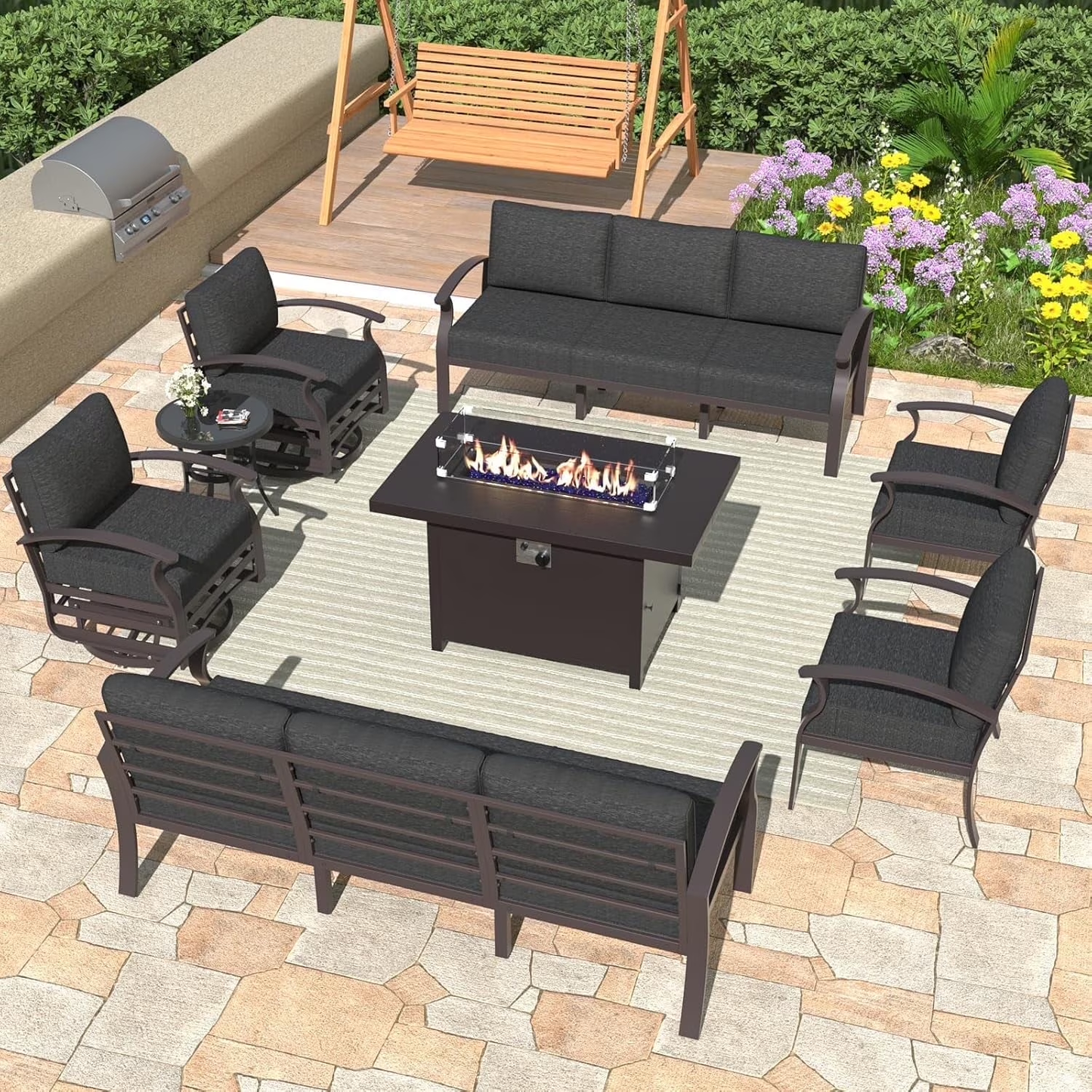 ALAULM Aluminum Patio Furniture Set with Propane Fire Pit Table 10-seat Metal Outdoor Furniture w/Fire Pit Patio Sectional w/5.1" Cushions for Patio, Backyard, Poolside-Black