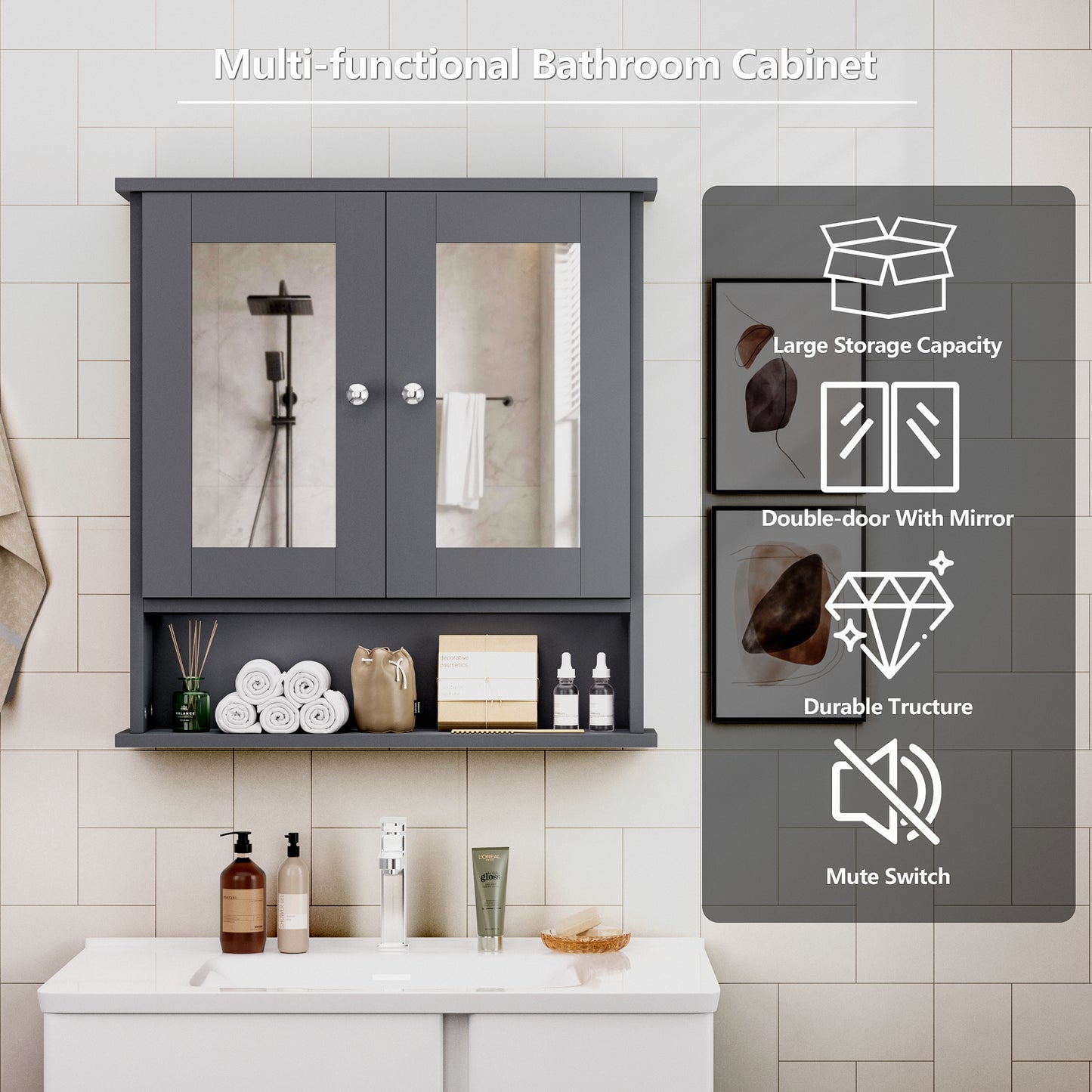ASJMR Bathroom Wall Cabinet with Mirror, Bathroom Medicine Cabinet with 2 Doors , Wall-mounted Storage Cabinet with Adjustable Shelves (Suitable for Bathrooms, Laundry Rooms and Kitchens), Black