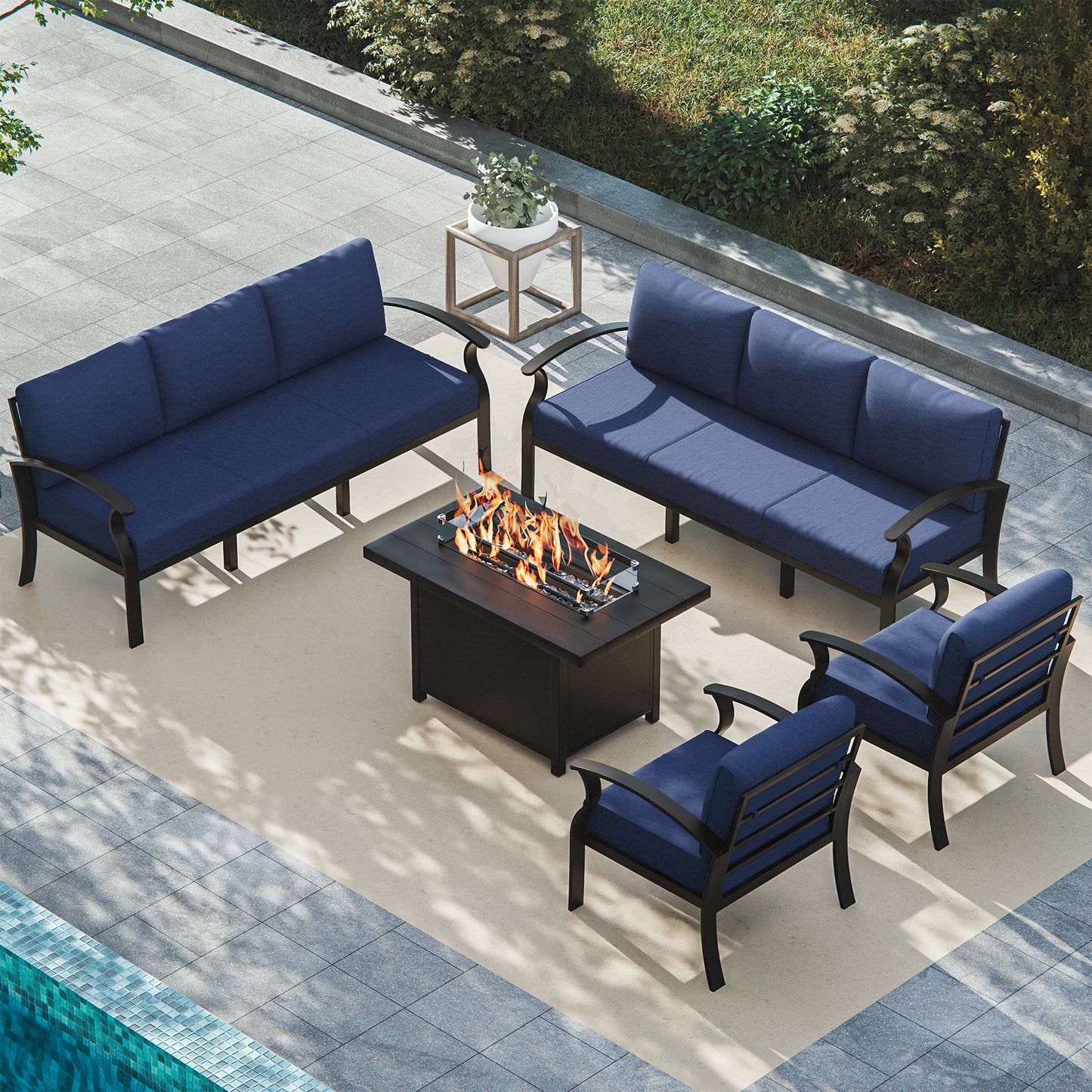 ALAULM Aluminum Patio Furniture Set with Propane Fire Pit Table 8-seat Metal Outdoor Furniture w/Fire Pit