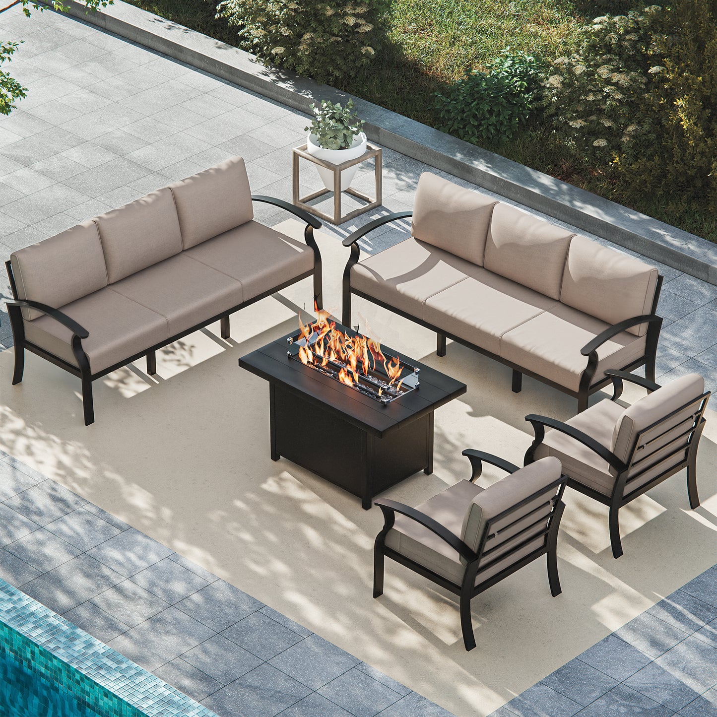 ALAULM Aluminum Patio Furniture Set with Propane Fire Pit Table 8-seat Metal Outdoor Furniture w/Fire Pit