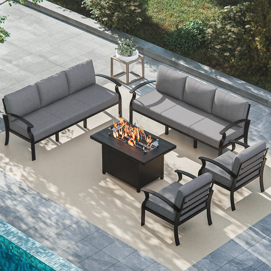 ALAULM Aluminum Patio Furniture Set with Propane Fire Pit Table 8-seat Metal Outdoor Furniture w/Fire Pit