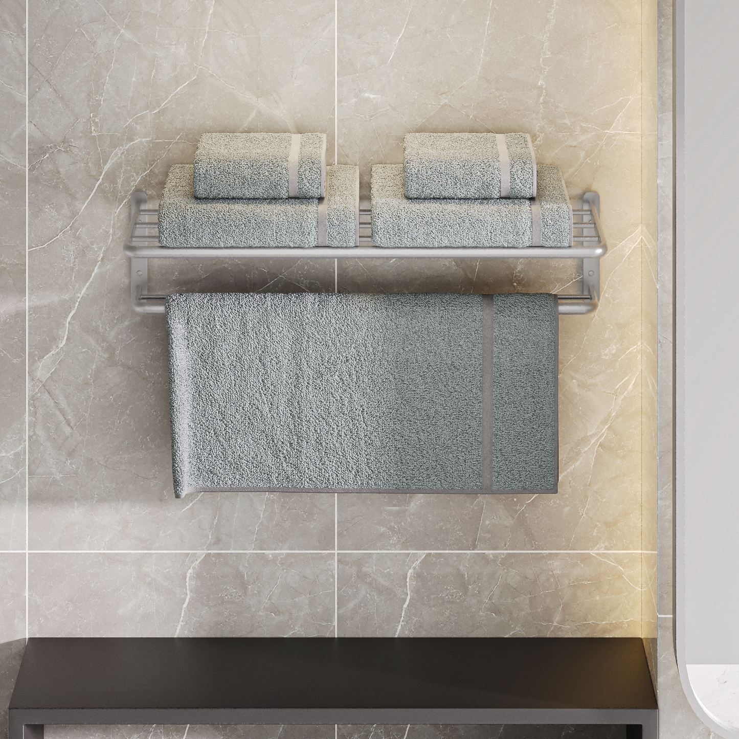 ALAULM Aluminum Alloy Bathroom Towel Shelf with Double Bars, 21" Double Towel Shelf for Bathroom, Wall Mounted Towel Holder, Towel Rod Towel Rail Hanger for Wall, Kitchen