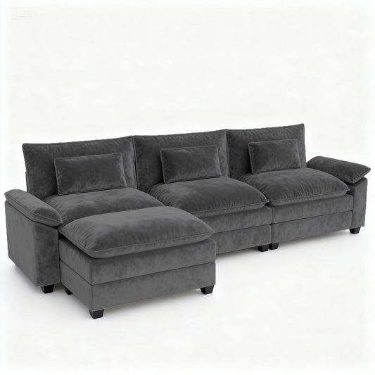ALAULM 116" L-Shaped Sectional Sofa with Movable Ottoman, Oversized 4-Seat Chenille Fabric Deep Seat Comfy Modular Cloud Couch with 3 Back Pillows for Living Room, Bedroom and Apartment