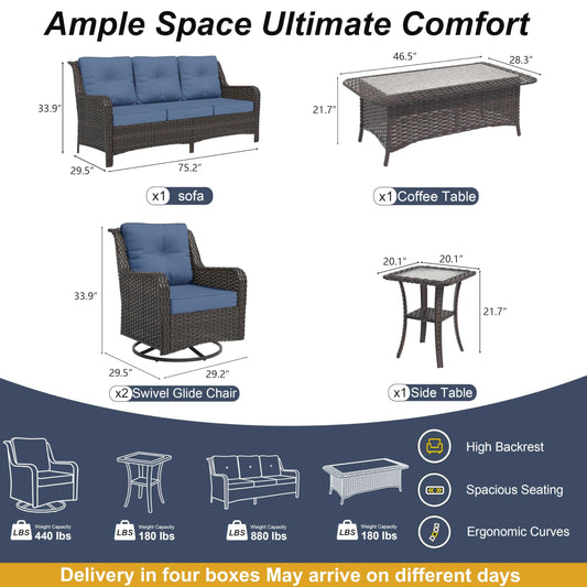 ALAULM 5-Piece Patio Furniture Set, Outdoor Thick Wicker High Back Sectional Set with 3-Seater Sofa, Swivel Chairs and Square Coffee Table for Yard Patio