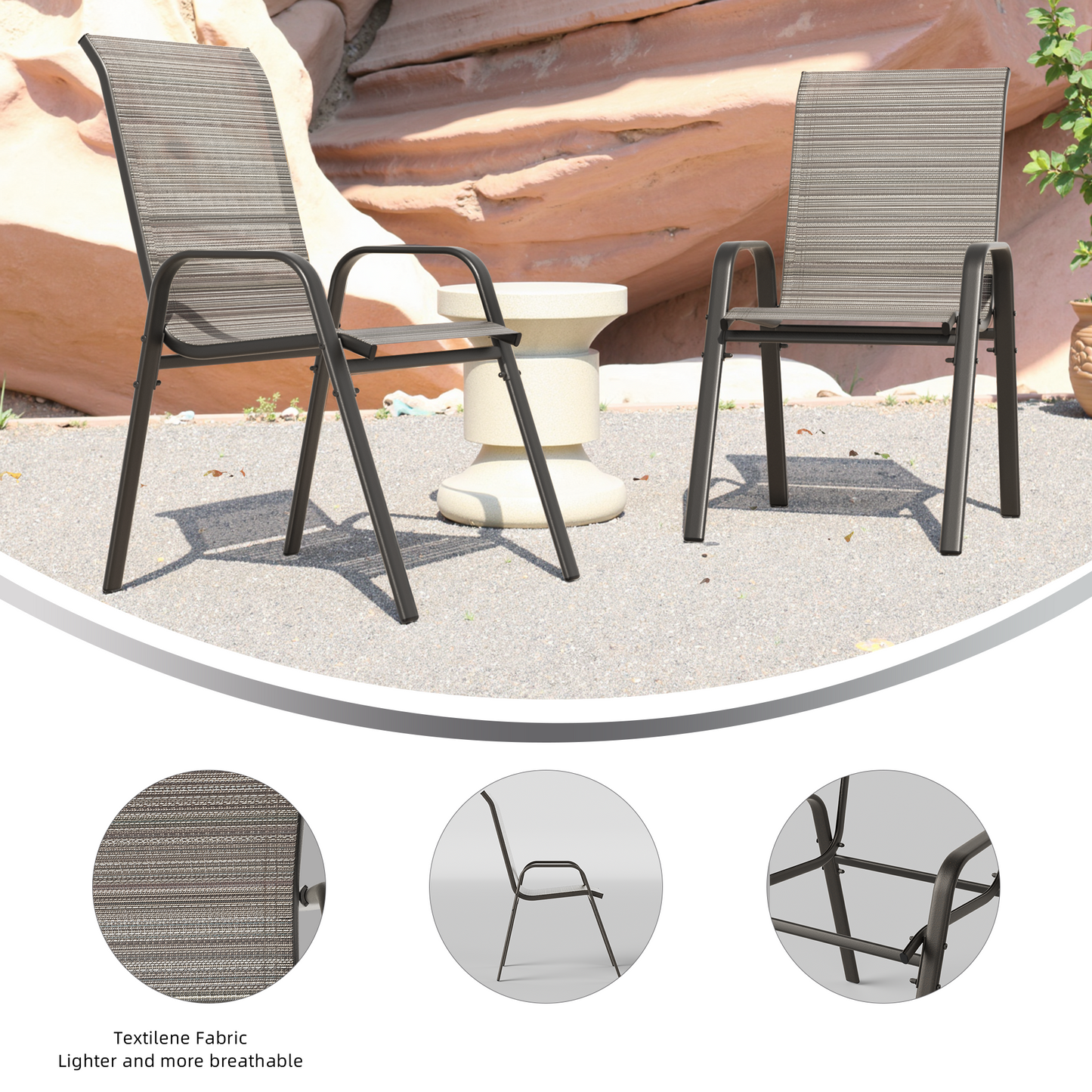 ALAULM 5 Pieces All Weather Patio Dining Set, 4 Stackable High Back Textilene Chairs & Heavy-duty Rectangle Table, Outdoor Furniture Set for Backyard Garden Deck, Brown