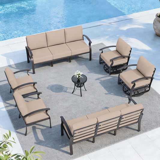 ALAULM 10-Seat Aluminum Patio Furniture Set, Outdoor Patio Conversation Set with 2 Swivel Glider Chairs and 5.1" Cushions for Patio Backyard Poolside