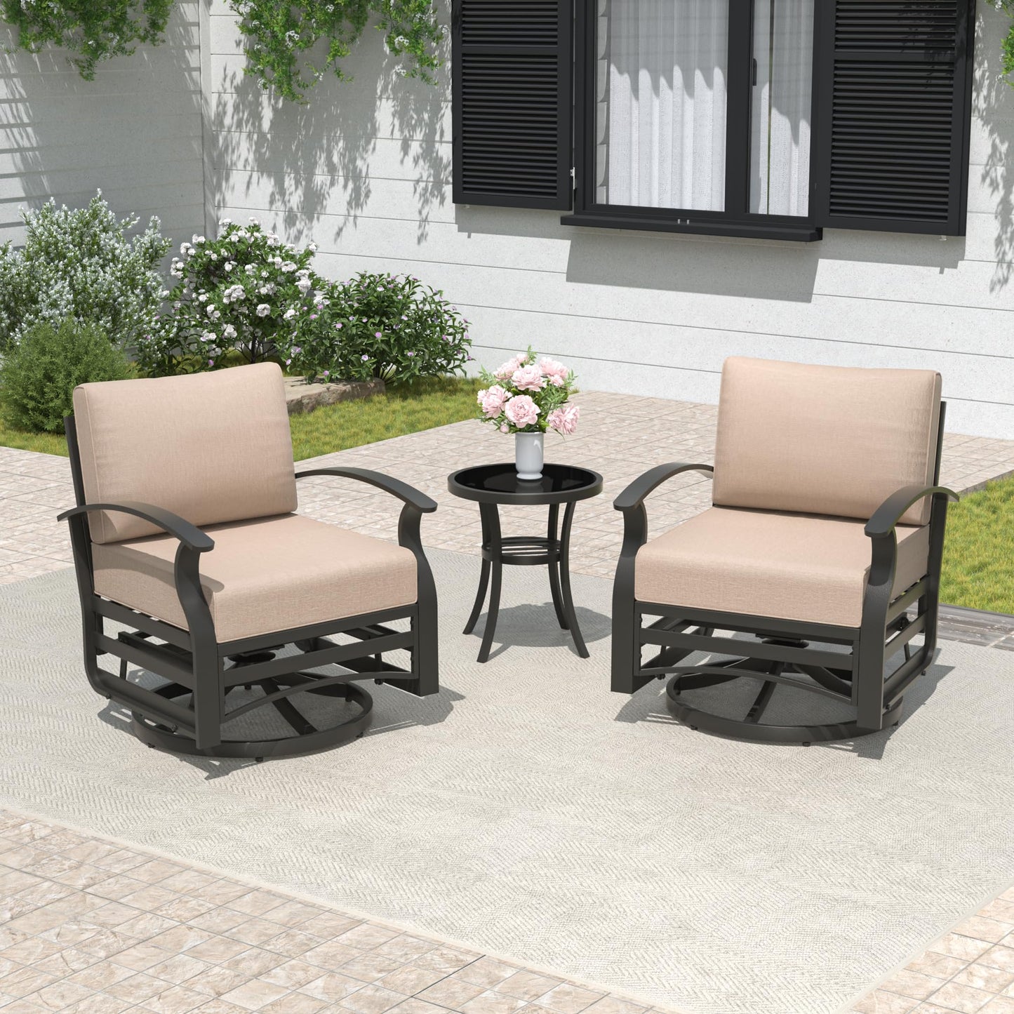 3-Piece Outdoor Swivel Rocking Chair Set | Aluminum, Foam Cushions