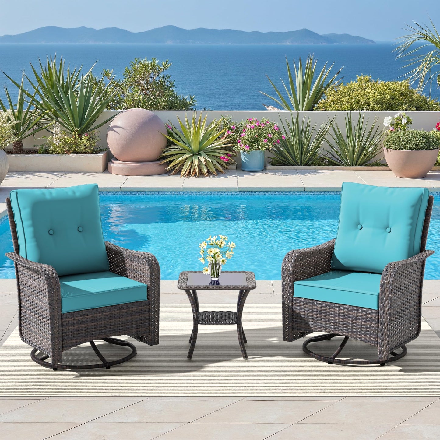 ALAULM 3 Pieces Patio Furniture Set,Outdoor Swivel Rocking Chairs