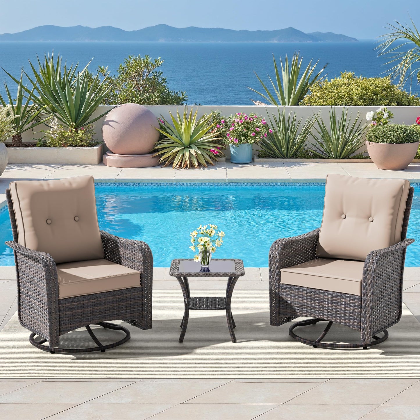 ALAULM 3 Pieces Patio Furniture Set,Outdoor Swivel Rocking Chairs