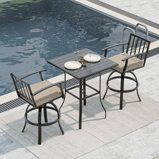 Gotland 3 Pieces Outdoor Swivel Bar Stools Set, All Weather Metal High Top Bistro Set Bar Height Table,High Top Bistro Stools with Sturdy Framewith 2 Chairs for Deck Lawn Garden,Sand