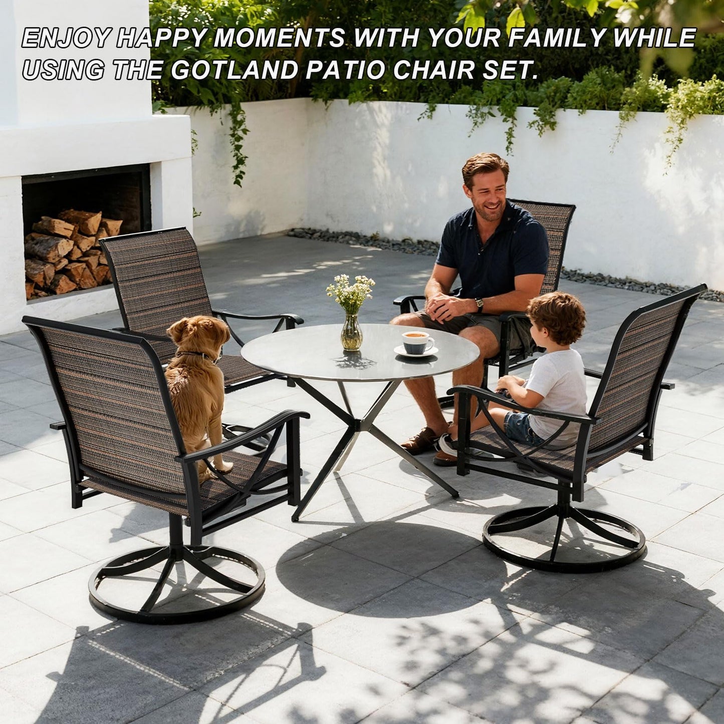 Gotland Patio Swivel Chairs Set of 2, Outdoor Dining Chairs with Breathable Teslin Seat Cushion & Backrest, 360° Outdoor Swivel Chairs with Metal Frame, Patio Dining Chairs for Deck Garden Brown