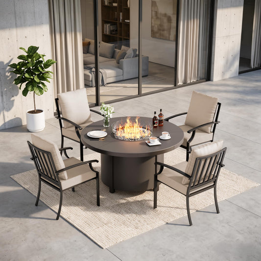Gotland 5-Piece Outdoor Patio Dining Set, 48 Inch Round Propane Fire Pit Table with 4 Fixed Rocking Chairs, All Weather Patio Conversation Furniture for Backyard Deck Garden, Gray