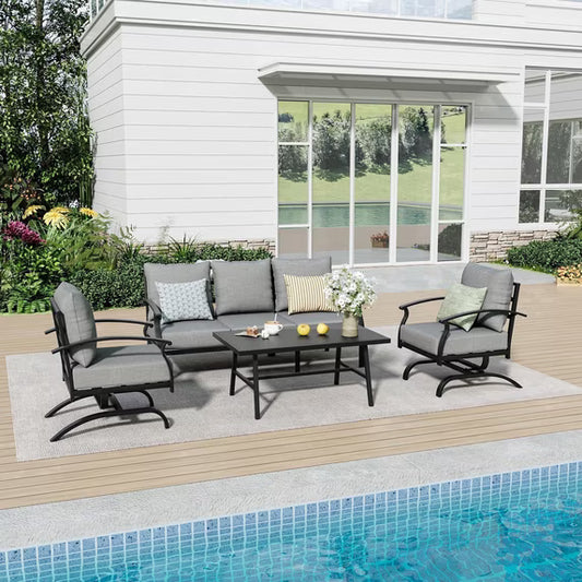 Gotland Metal Patio Furniture Set 5-Seat Modern Metal Bistro Set Outdoor Conversation Sets, 2 Piece Patio Rocker Chairs with Thick Cushion and Coffee Table for Garden Backyard Deck Lawn, Grey