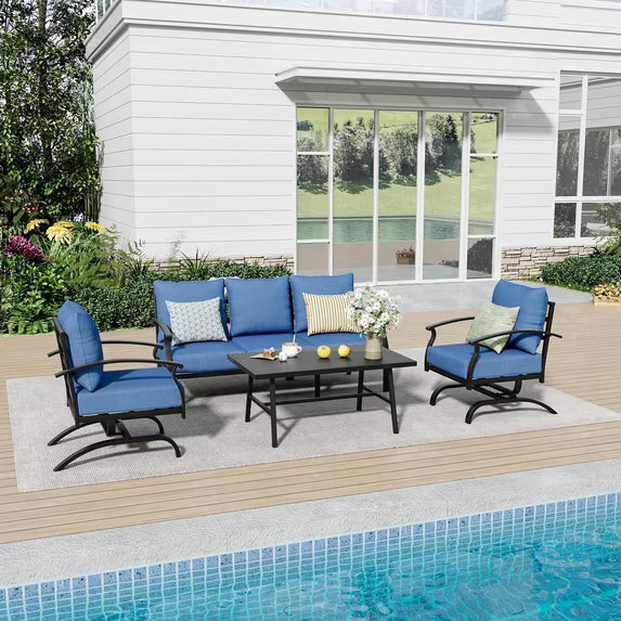 Gotland Metal Patio Furniture Set 5-Seat Modern Metal Bistro Set Outdoor Conversation Sets, 2 Piece Patio Rocker Chairs with Thick Cushion and Coffee Table for Garden Backyard Deck Lawn, Grey