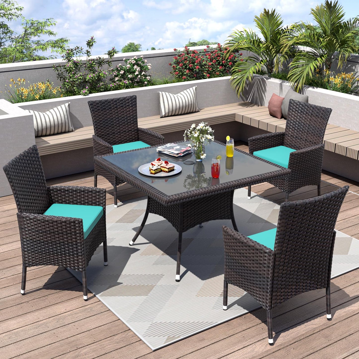5 Piece Patio Dining Set | Wicker Furniture with Glass Tabletop