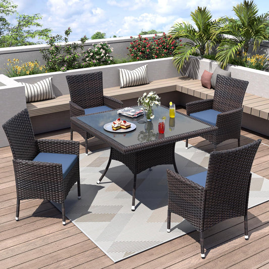5 Piece Patio Dining Set | Wicker Furniture with Glass Tabletop