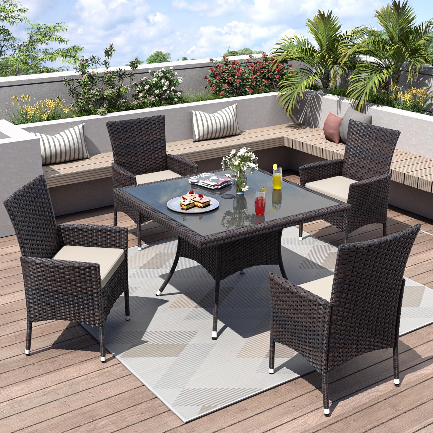 5 Piece Patio Dining Set | Wicker Furniture with Glass Tabletop