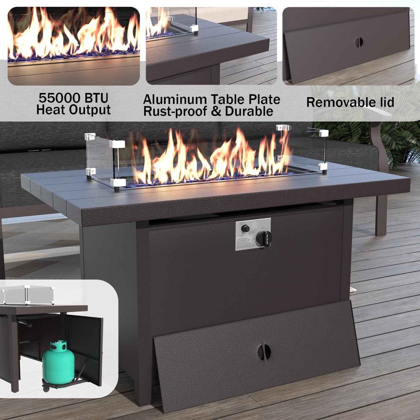 ALAULM 5-Seat Aluminum Patio Furniture Set with Propane Fire Pit