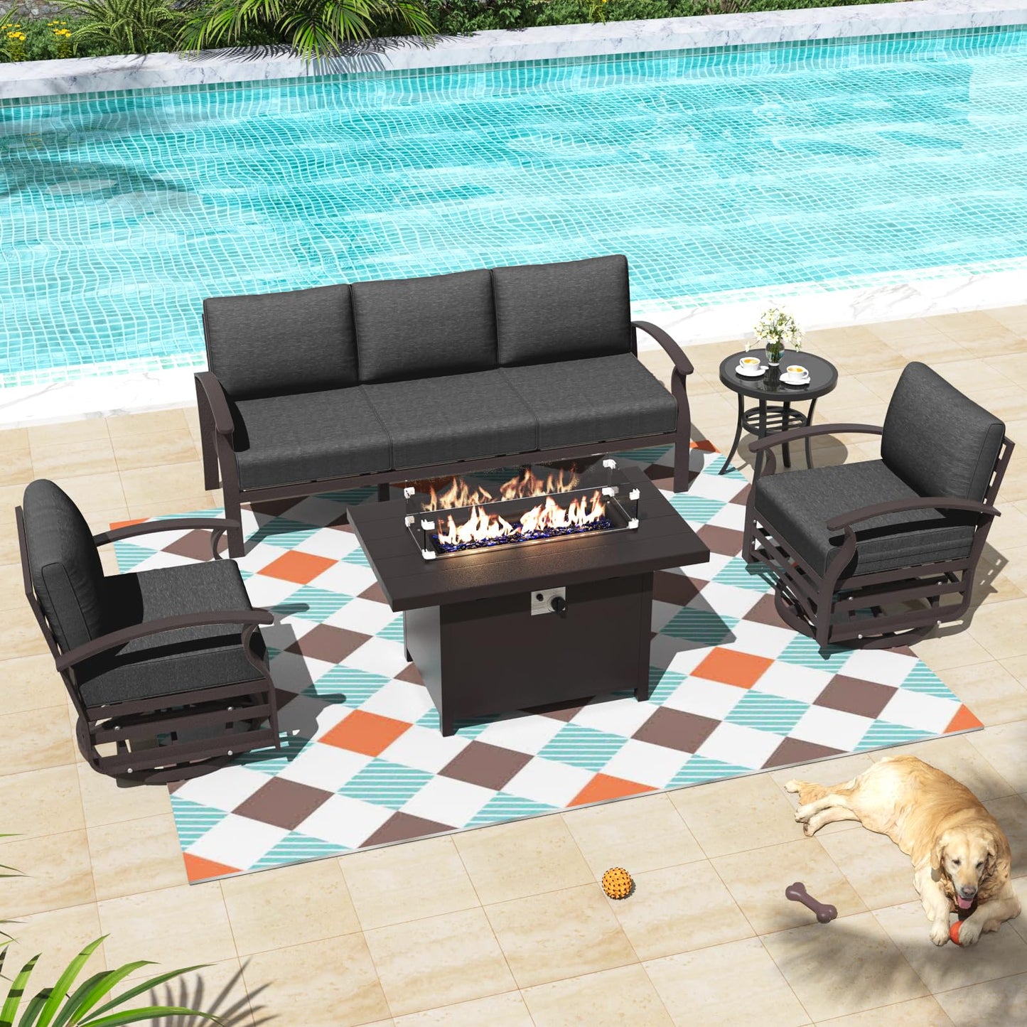 ALAULM 5-Seat Aluminum Patio Furniture Set with CSA-Certified Fire Pit Table & 5.1" Cushions