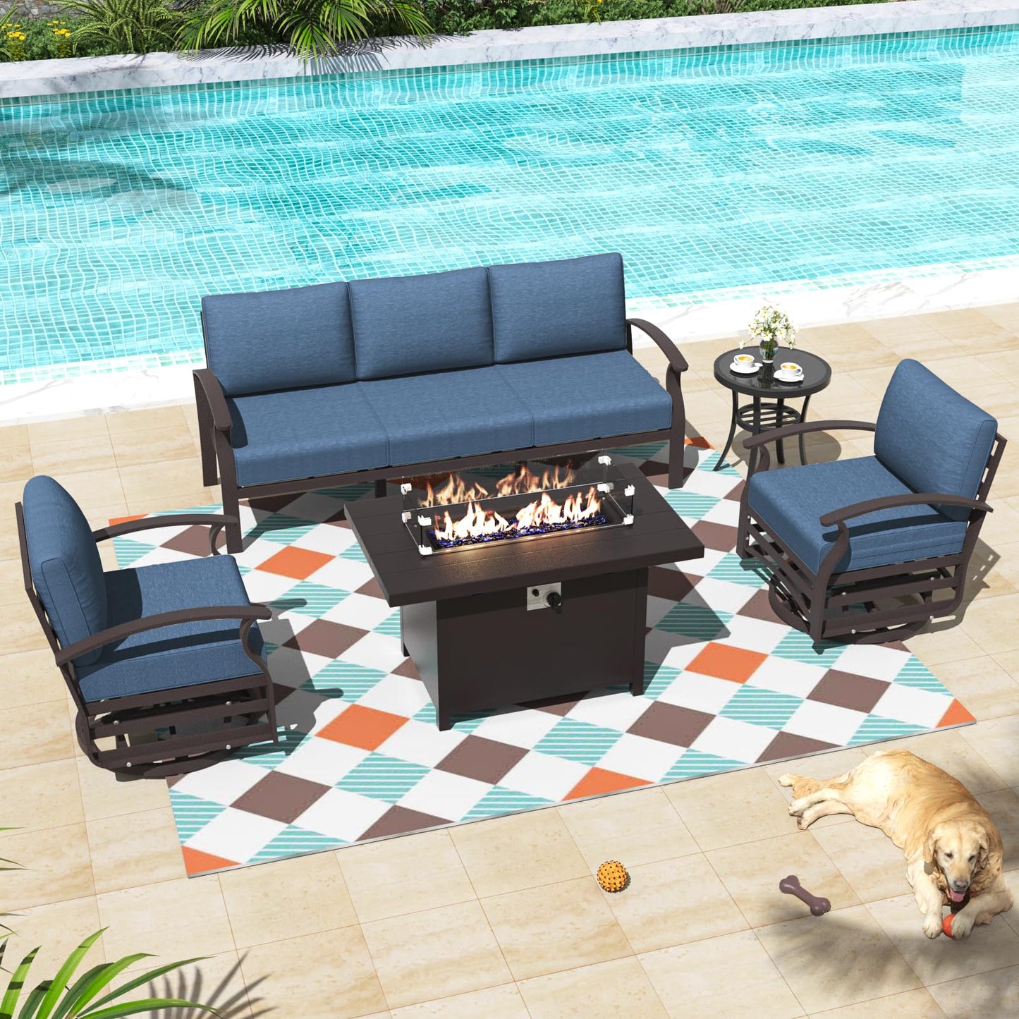 ALAULM 5-Seat Aluminum Patio Furniture Set with CSA-Certified Fire Pit Table & 5.1" Cushions