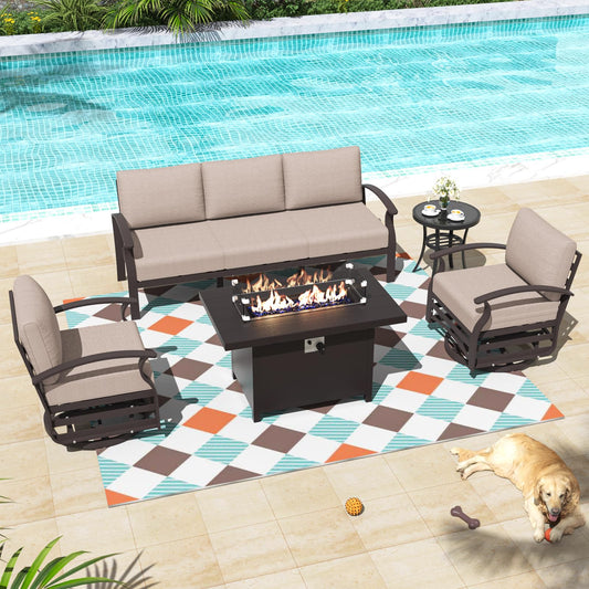 ALAULM 5-Seat Aluminum Patio Furniture Set with CSA-Certified Fire Pit Table & 5.1" Cushions