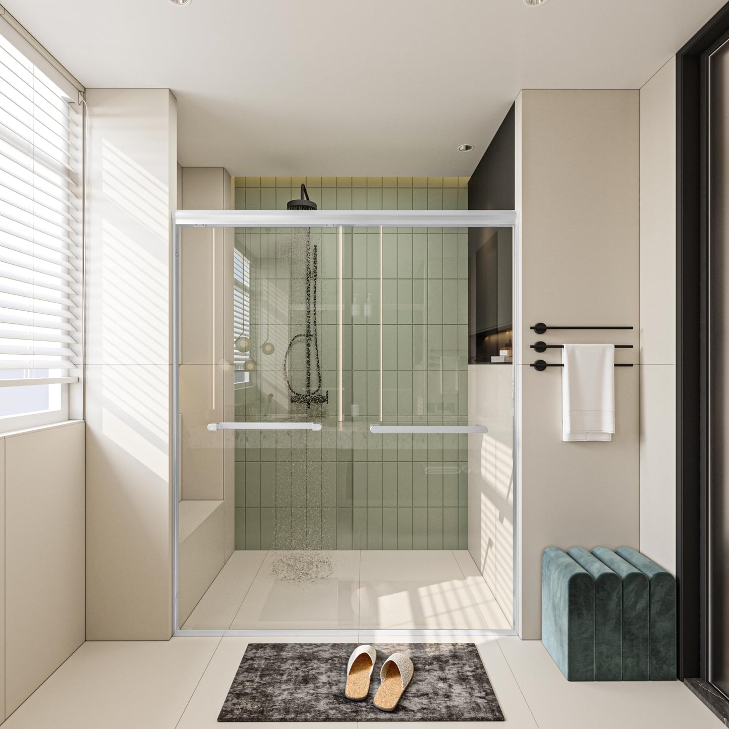 Gotland 44-48" W x 72" H Semi-Frameless Bypasss Bathroom Glass Shower Double Sliding Doors,1/4" (6mm) Clear SGCC Tempered Glass Stainless Steel Hardware Waterproof Seal Explosion-Proof Film