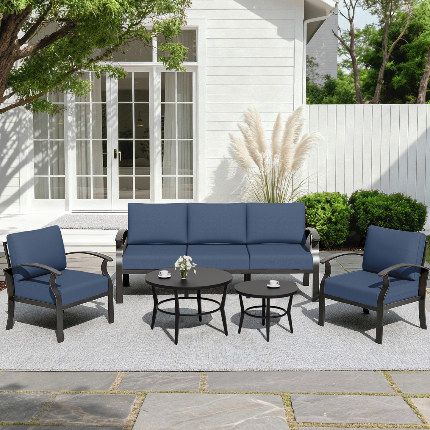 ALAULM 5-Seat Aluminum Patio Furniture Set, Outdoor Patio Conversation Set with 2 Round Metal Coffee Tables and 5.1" Cushions for Patio Backyard Poolside