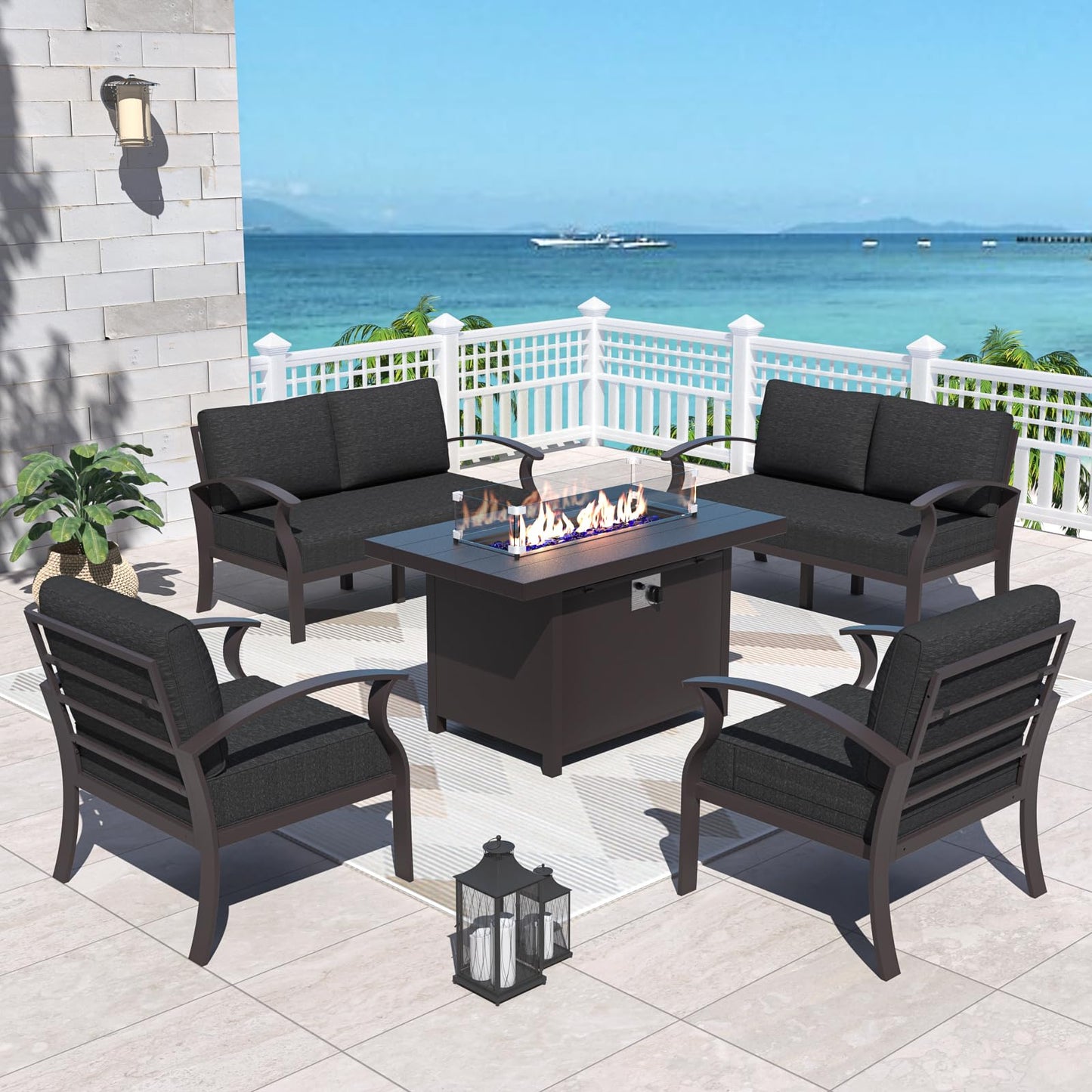 ALAULM 6-Seat Aluminum Patio Furniture Set with CSA-Certified Fire Pit Table & 5.1" Cushions