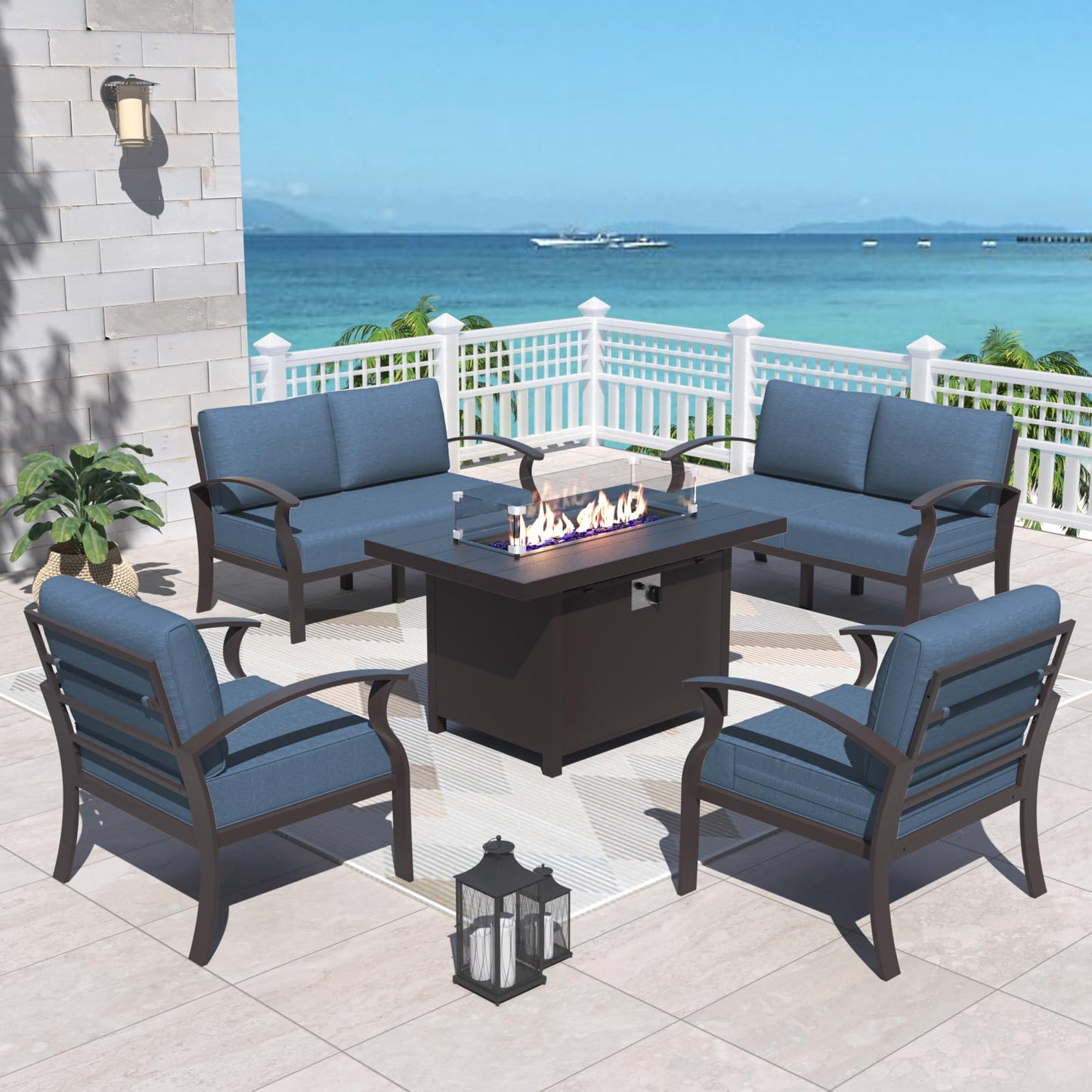 ALAULM 6-Seat Aluminum Patio Furniture Set with CSA-Certified Fire Pit Table & 5.1" Cushions