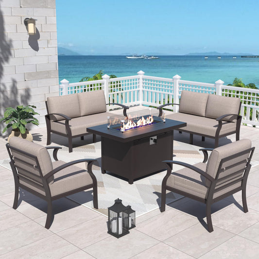 ALAULM 6-Seat Aluminum Patio Furniture Set with CSA-Certified Fire Pit Table & 5.1" Cushions