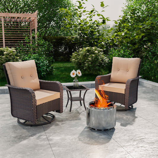 ALAULM 3PCS Outdoor Conversation Sets with 19" Smokeless Stove, Outdoor Swivel Glider Chair with Glass Top Side Table, Fire Pit Comes with Waterproof Cover and Fire Poker, for Porch Backyard