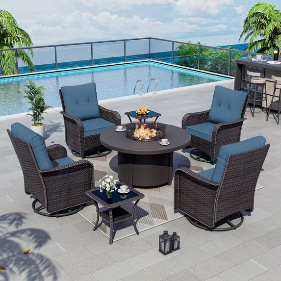 Kullavik 7 Pieces Outdoor Patio Furniture Set with 40000 BTU Round Fire Pit Table,PE Wicker Rattan Swivel Arm Chair Set, Patio Conversation Sets,Gray