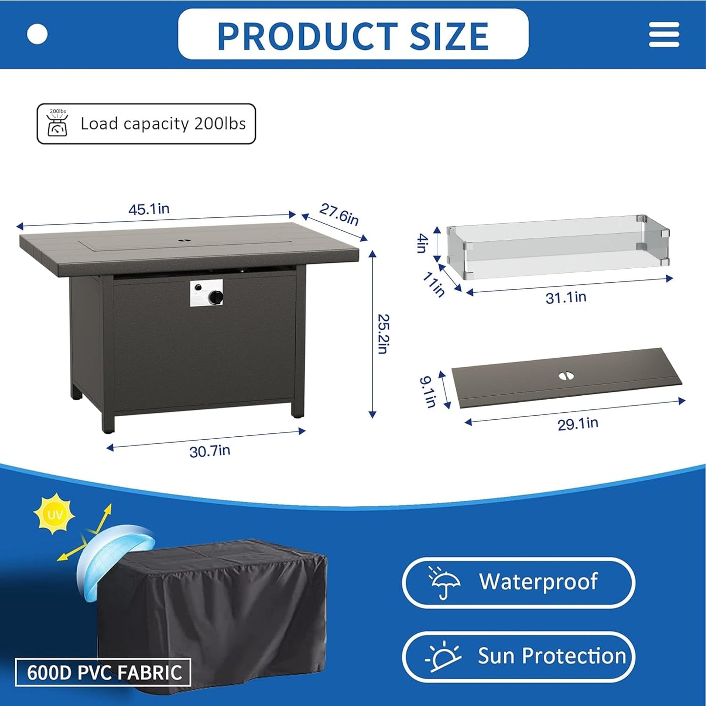 45" Propane Gas Fire Pit Table 55,000 BTU Auto-Ignition Aluminum CSA Certified Outdoor Fire Pits