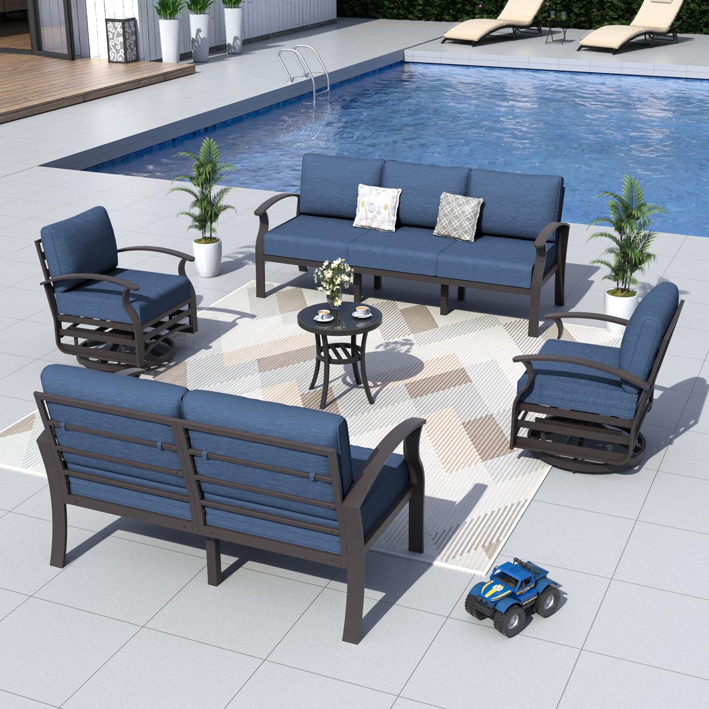 ALAULM 7-Seat Aluminum Patio Furniture Set with 2 Swivel Chairs & 5.1" Cushions