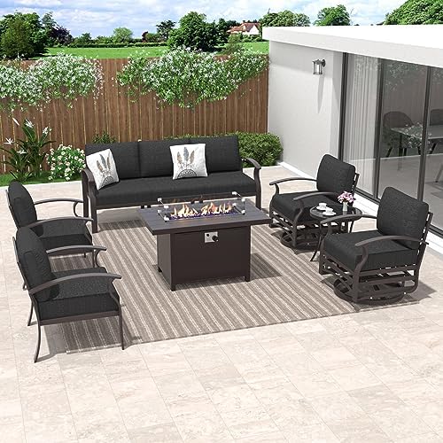 ALAULM 7-Seat Aluminum Patio Furniture Set with CSA-Certified Fire Pit Table & Swivel Chairs