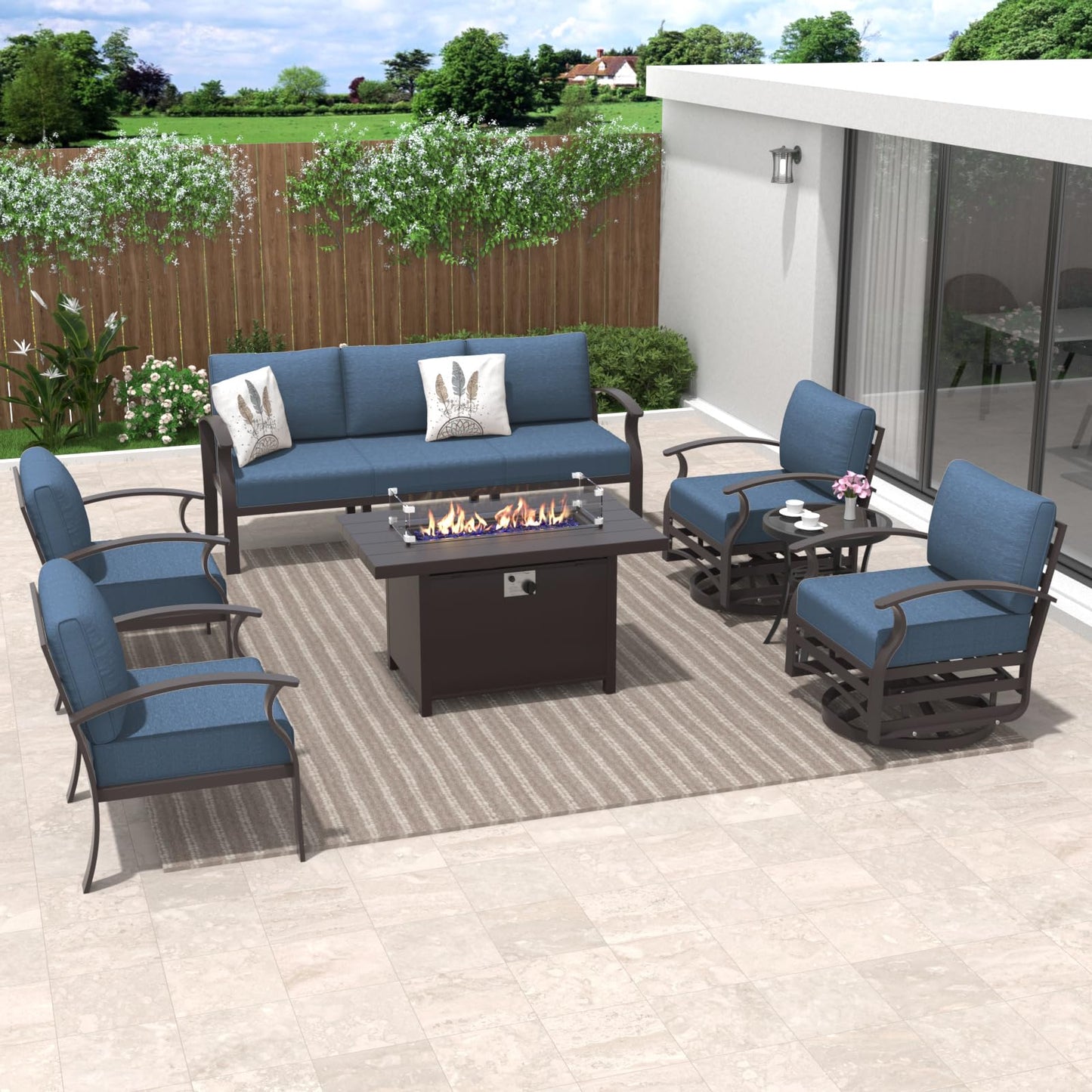 ALAULM 7-Seat Aluminum Patio Furniture Set with CSA-Certified Fire Pit Table & Swivel Chairs