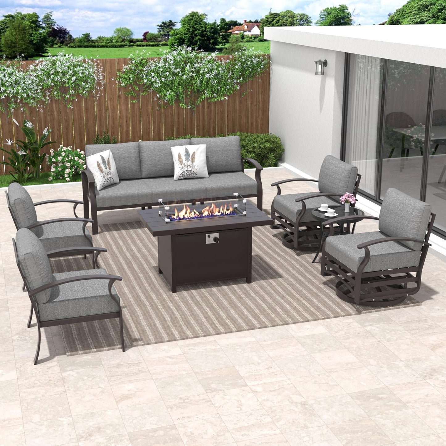 ALAULM 7-Seat Aluminum Patio Furniture Set with CSA-Certified Fire Pit Table & Swivel Chairs