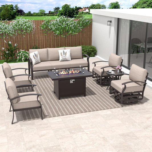 ALAULM 7-Seat Aluminum Patio Furniture Set with CSA-Certified Fire Pit Table & Swivel Chairs