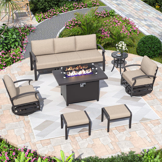 ALAULM 7-Seat Aluminum Patio Furniture Set with CSA-Certified Fire Pit Table, Swivel Chairs & Ottomans