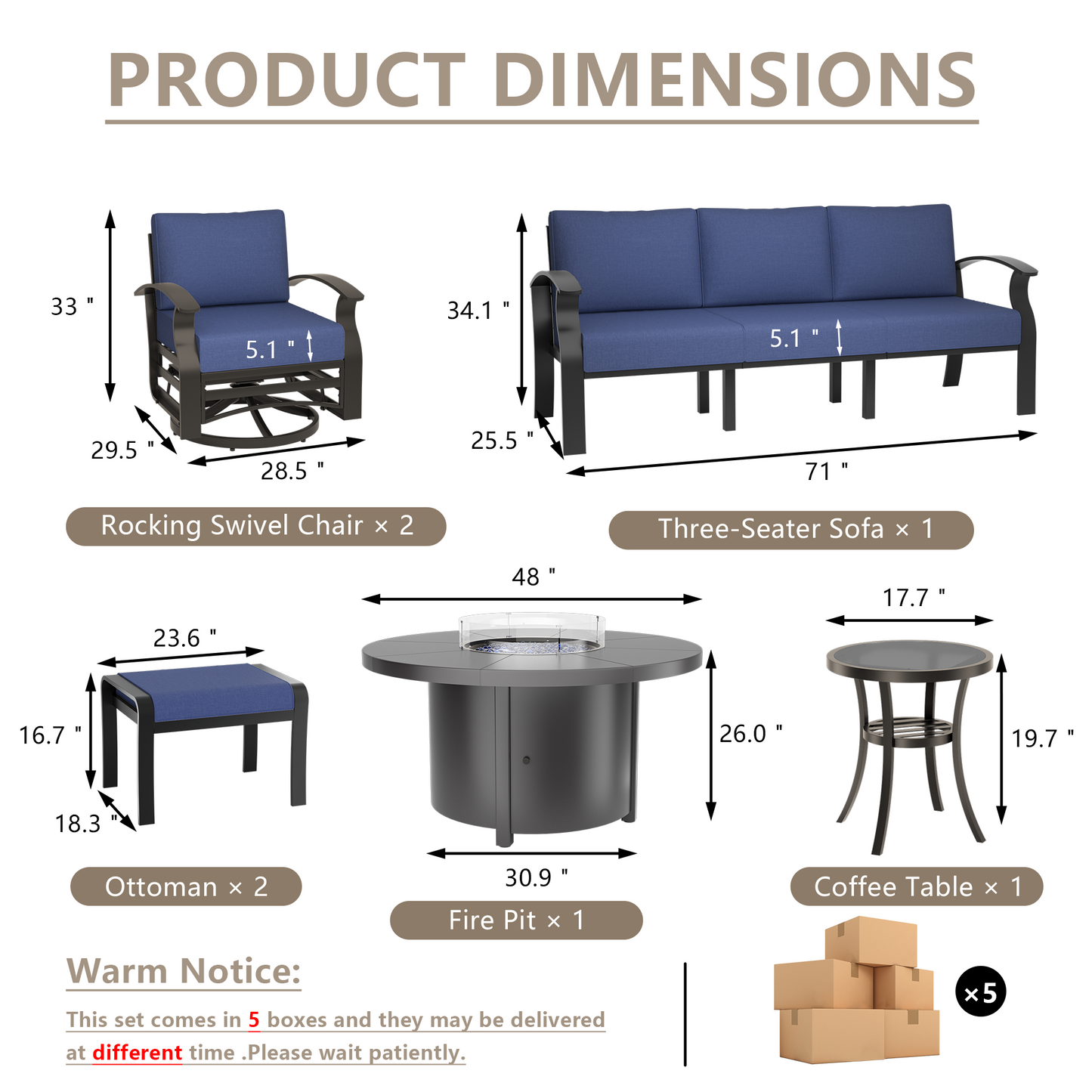 ALAULM Aluminium Patio Furniture Set with Swivel Chairs, 7-Seater Metal Outdoor Furniture Patio Sectional Sofas Patio Conversation Set with 2 Ottomans For Patio, Backyard, Poolside